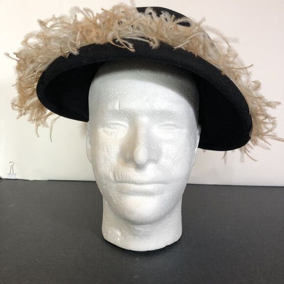 Vintage Ladies Hat with Ostrich Feathers Fisk Chicago Black Wool Church Derby - Picture 1 of 10